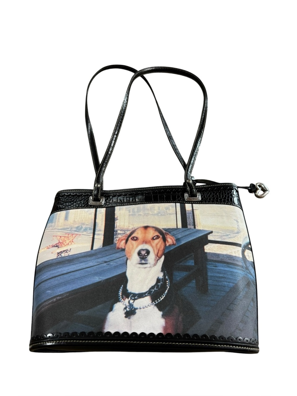 Brighton Snap Happy Dog Purse Shoulder Bag w Black Leather Croc Embossed Trim